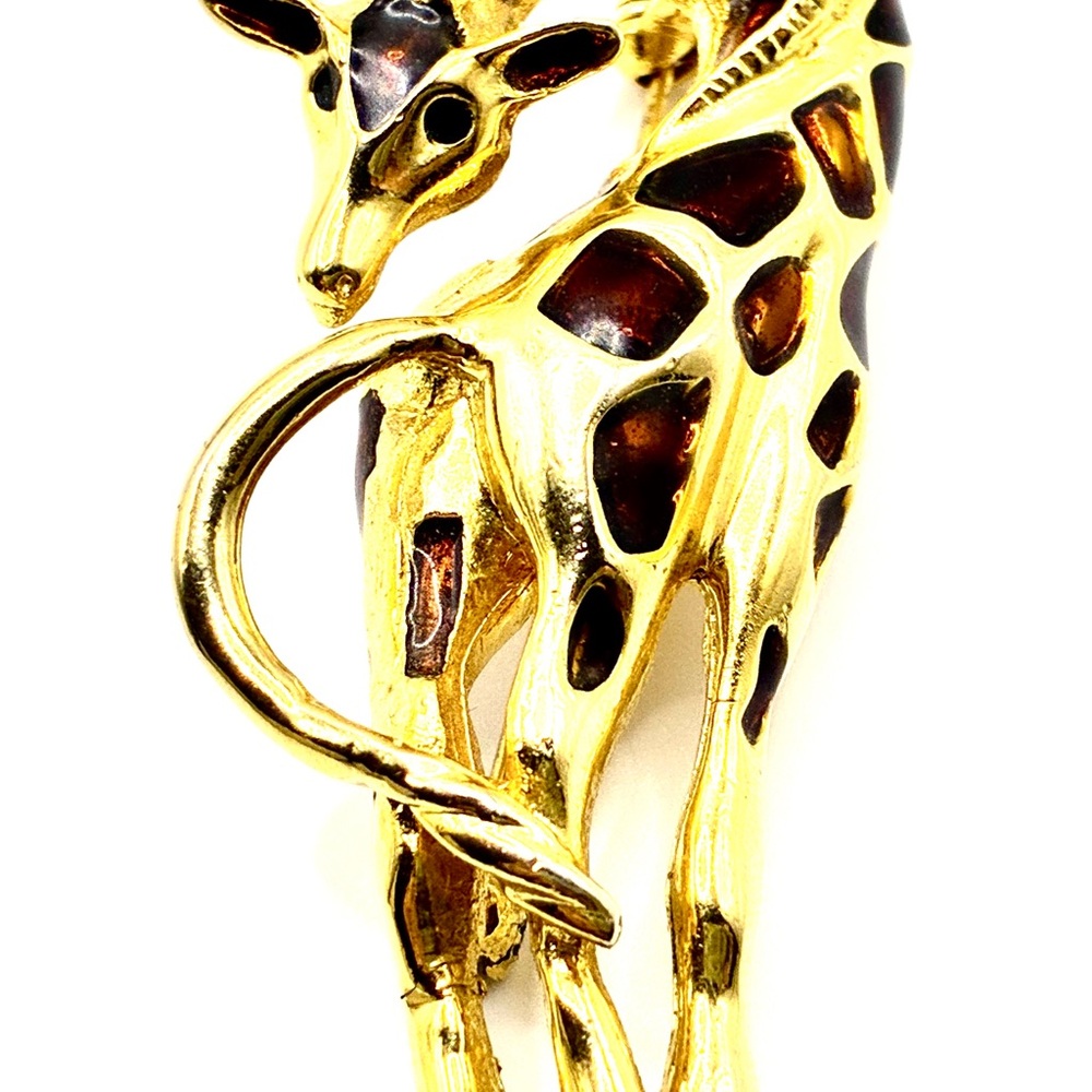 Vintage Brown Enamel Giraffe in a Gold Tone Brooch 2.75” Long